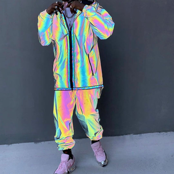 Holographic Men's Reflective Rainbow Pants, Reflective Cargo Pants,  Psychedelic Multi-pocket Pants, Rave Outfit Concert Clothing 