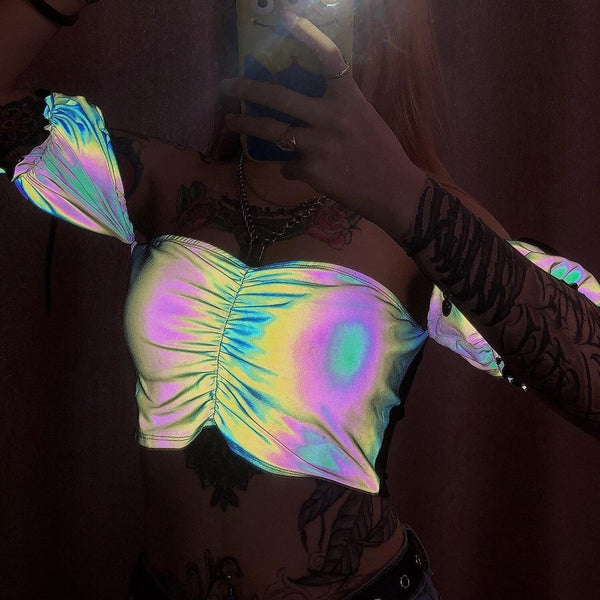 holographic rainbow Off Shoulder Crop Top Reflective Pants Shop streetwear fashion