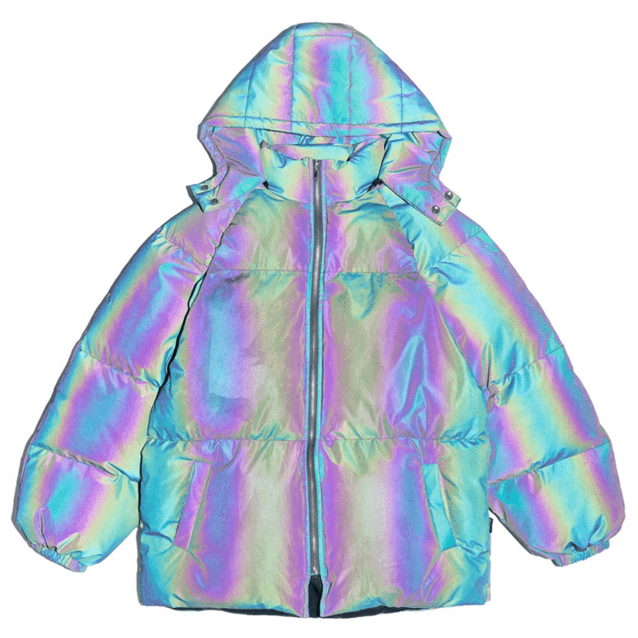 holographic puffer jacket coat winter rainbow reflective 