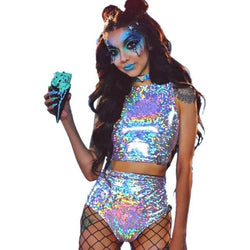 Holographic festival two piece set - Women rave party reflective pants shop