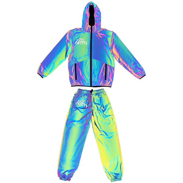 Nitti Gritti Reflective Holographic Tracksuit Pants and Jacket DJ Nitti Gritti Merch Clothes Apparel Rainbow Jacket Pants