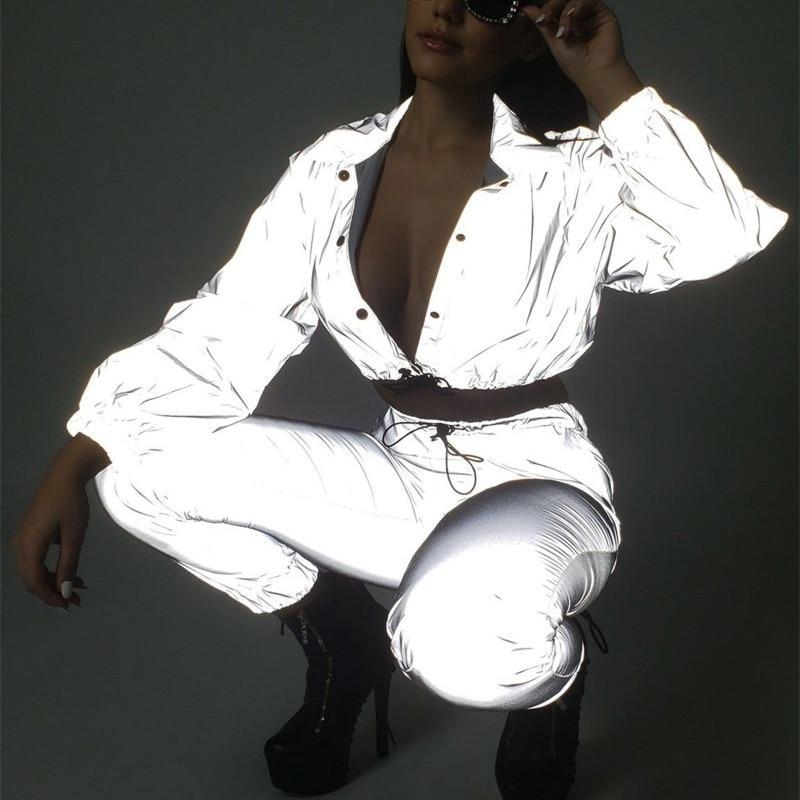 Reflective pants jacket two set long Women female Grey 3m flashlight glowing